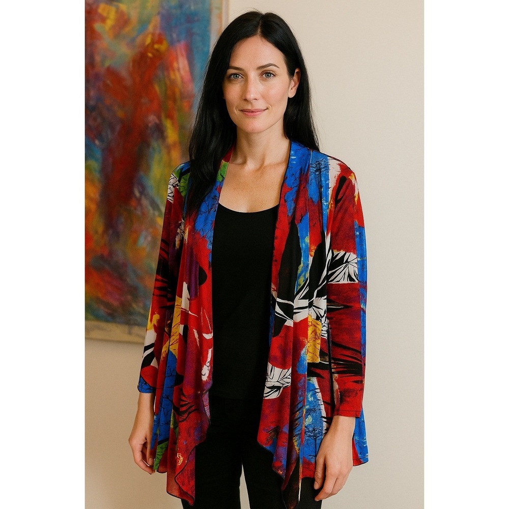 Max & Rina Top Womens Large Red Art To Wear‎ Open Front Retro Geometric Mesh